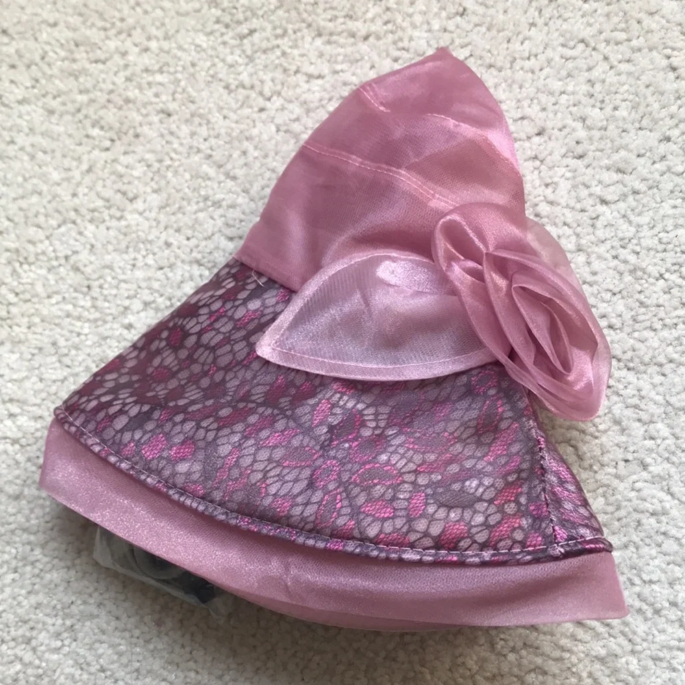 NWT Elegant Pink Organza & Wide Brim Foldable Hat with Floral Accent